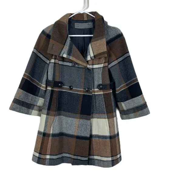 Zara Basic Women’s Wool Blend Brown Tartan Plaid Pea Coat Size Small